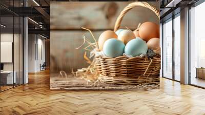 Basket filled with clean, shiny brown and blue farm eggs on a rustic wooden table with a natural farmhouse background. Straw adds to the fresh, farm-to-table feel Wall mural