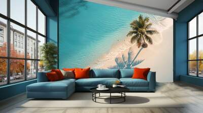 scene featuring a solitary palm tree casting a graceful shadow over pristine white sand, set against the backdrop of a stunning turquoise ocean Wall mural