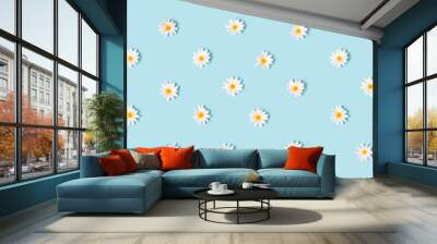 Fabric daisy flower polka dot pattern on pastel blue background Wall mural