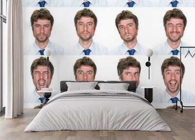 business elegant short hair beard caucasian man collection set of face expression like happy, sad, angry, surprise, yawn isolated on white Wall mural