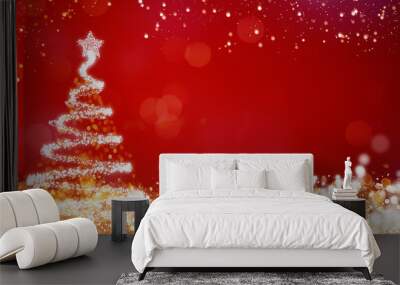 golden and silver lights with christmas tree on red background,bright decoration for merry xmas greeting message.Elegant holiday season social post digital card.Copy type space for text or logo Wall mural