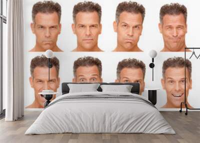 gray short hair adult caucasian man collection set of face expression like happy, sad, angry, surprise, yawn isolated on white Wall mural