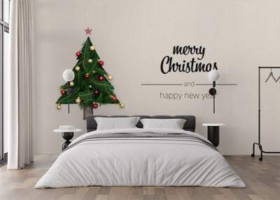 Merry Christmas and happy new year greetings in vertical top view cardboard with natural eco decorated christmas tree pine.Ecology concept.Xmas winter holiday season social media card background  Wall mural