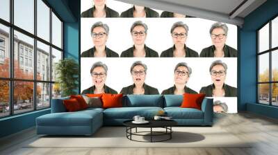 professional senior adult caucasian woman with eyeglasses and white hair collection set of face expression like happy, sad, angry, surprise, yawn isolated on white Wall mural