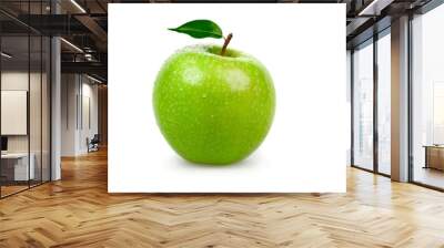 ripe tasty green apple with leaf isolated on white Wall mural