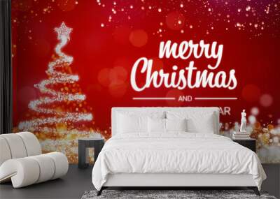 sparkling gold and silver lights xmas tree Merry Christmas and Happy New Year greeting message on red background,snow flakes,bright lights decoration.Elegant holiday season social post digital card Wall mural