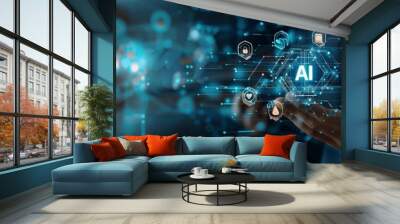 Businessman holding digital screen with AI icon and technological elements, showcasing AI-powered future of businesses and global network connection Wall mural