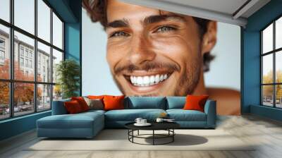 Handsome Smiling Man Closeup with Healthy White Teeth High Resolution Portrait Wall mural