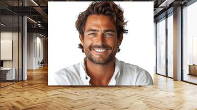 smiling handsome man closeup portrait white shirt isolated on white background high resolution perfect teeth stylish hair and beard strong jawline dental advertisement professional photoshoot Wall mural