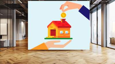 Loans for real estate concept, There are two hands and golden coin for sell and buy new house. Cartoon vector style for your design.  Wall mural