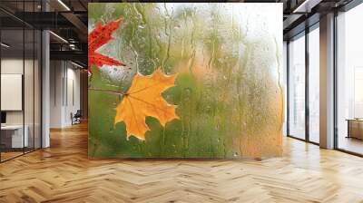 autumn weather/ two maple leaves glued to the window on the reverse side during the rain Wall mural