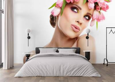 beauty woman portrait with wreath from flowers on head over whit Wall mural