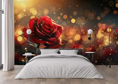 black, red, gold, elegant abstract with red rose on blurred background Wall mural