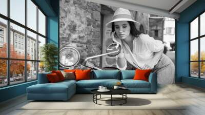 BW photography of a beautiful tourist woman. Italian holiday concept Wall mural