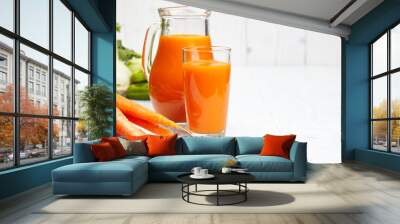 carrot juice on white wood  background Wall mural