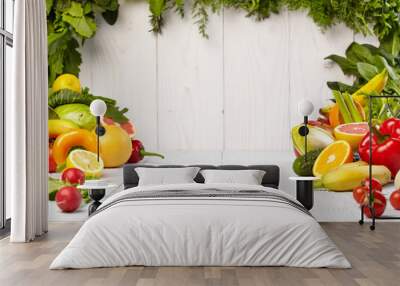 frame with fresh organic vegetables and fruits on wooden backgro Wall mural