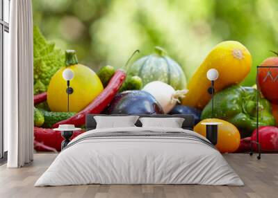 Fresh organic vegetables ane fruits on wood table in the garden Wall mural