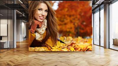 Portrait of very beautiful young woman in autumn park Wall mural