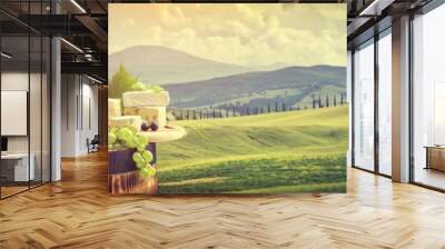 Red wine with barrel on vineyard in green Tuscany, Italy Wall mural