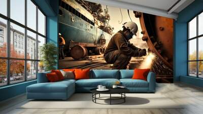 Welder at work on shipbuilding, shipyard, heavy industry, ai generative Wall mural