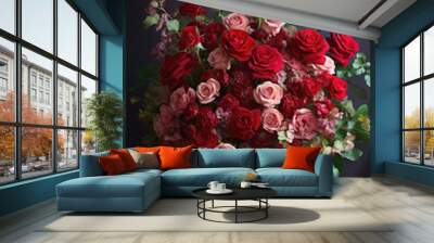 vibrant bouquet of red and pink flowers in a decorative vase Wall mural