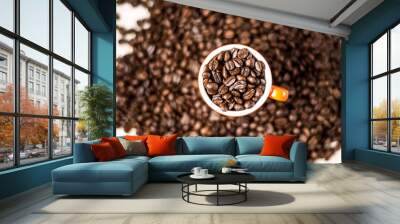 Brown roasted coffee beans, seed on dark background. Espresso dark, aroma, black caffeine drink. Closeup isolated energy mocha, cappuccino ingredient. Wall mural