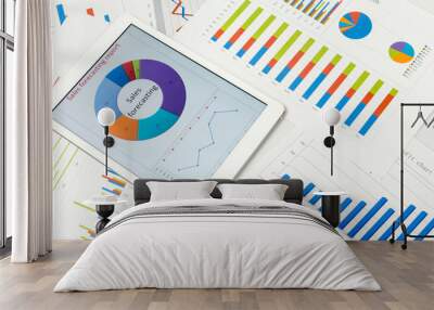 Financial charts on the table with tablet Wall mural