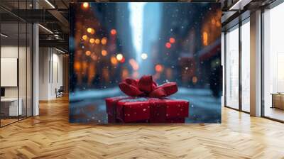 red christmas present in a snowy street of a big city like New York Wall mural