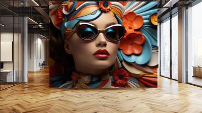 Close up of an unusual fashion design made of different materials and elements confidently worn by a beautiful model girl Wall mural