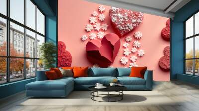 Festive valentines day concept with red paper cut elements on pink background. Wall mural