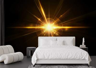 Beautiful optical golden lens flare burst isolated on a black background Wall mural