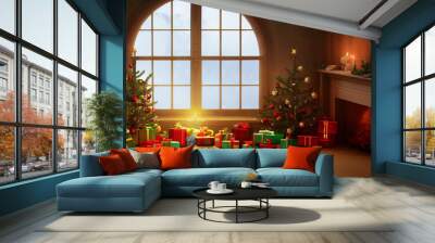 Christmas living room with big window, two Christmas trees, fireplace, lot of wrapped gifts, copy space, 3d illustration Wall mural