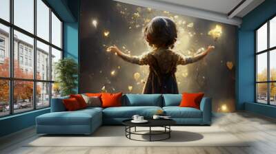 Cute little girl with spread arms in magic golden fantasy world, 3d cinematic illustration 9:16 Wall mural