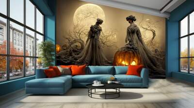 Halloween theme with a moon, two witches and a two pumpkins at night, Illustration 16:9 Wall mural