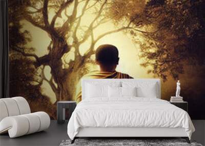 Man meditating in lotus yoga facing the background of sunset, sunrise,  Buddha tree, 3d illustration Wall mural