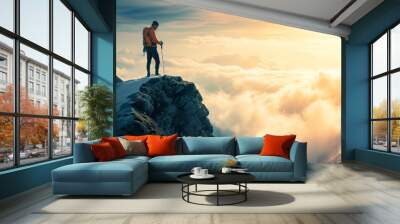 Positive uplifting image of a man wearing an orange jacket and orange backpack, standing on a rocky mountain top with hiking pole above a sea of clouds, looking at sunrise. Copy space, 16:9 Wall mural