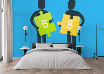 Business to business concept. Two businessmen silhouettes holding puzzle pieces vector illustration in simple flat style. Wall mural