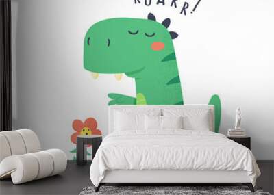 Cute little green dinosaur monster trying to scare flower vector cartoon illustration Wall mural