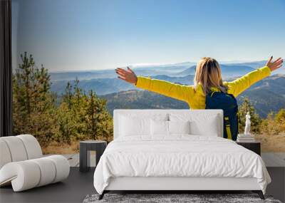 Female hiker with backpack sitting on top of the mountain and enjoying the view during the day. Wall mural