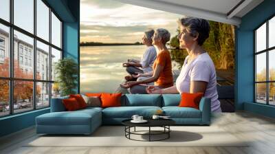 Group of senior woman doing yoga exercises by the lake. Wall mural