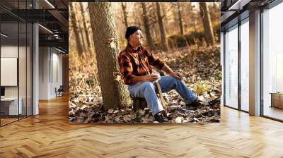 Portrait of senior lumberjack in forest sitting on a tree stump. He is resting and having lunch break. Wall mural