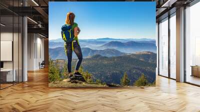 Rear view of female hiker with backpack standing on top of the mountain and enjoying the view during the day. Wall mural