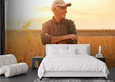 Senior farmer standing in soybean field examining crop at sunset. Wall mural