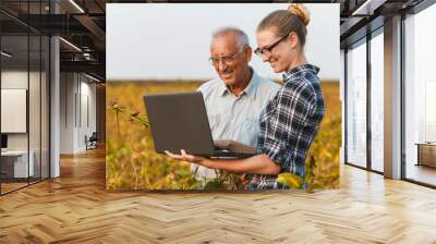 Senior male and young female farmer with laptop standing in a field examining soybean crop. Wall mural