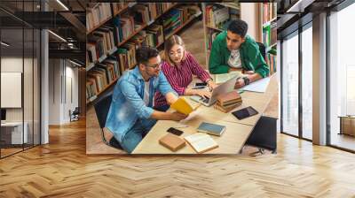 Three young students study in the school library and using laptop for researching online. Wall mural