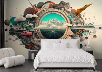 Art collage with the concept of thought process, ingenuity and new creative ideas. Generative Ai. Wall mural