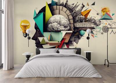 Art collage with the concept of thought process, ingenuity and new creative ideas. Generative AI. Wall mural