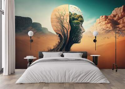 Concept art of environment, life, brain, mental health. The forest of human head in desert. Generative Ai technology. Wall mural