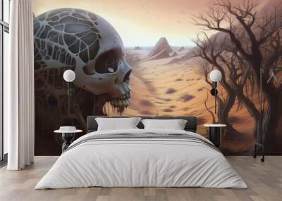 Concept art of environment, life, brain, mental health. The forest of human head in desert. Generative Ai technology.	 Wall mural