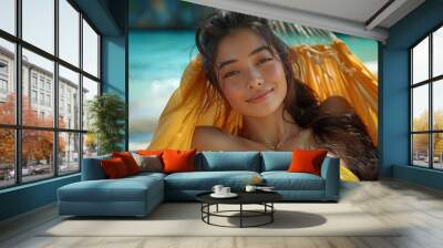 Woman relaxing in the hammock on tropical beach, hot sunny day. Generative Ai.  Wall mural